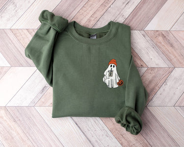 Ghost Embroidered Sweatshirt, Little Ghost Ice Coffee Shirt, Halloween Sweatshirt, Halloween Embroidered Sweatshirt, Ghost Sweatshirt